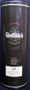 Glenfiddich
pure single malt
est. 1887
ancient reserve
single malt
Scotch whisky
distilled, matured & bottled at the Glenfiddich Distillery
aged 18 years
William Grant & Sons Limited, Dufftown, Banffshire, Scotland
40%