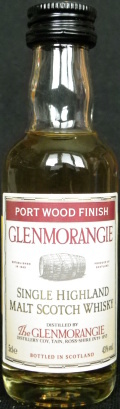 Glenmorangie
port wood finish
established in 1843
produce of Scotland
single highland
malt scotch whisky
Distilled by The Glenmorangie
Distillery Coy, Tain, Ross-Shire
bottled in Scotland
43%