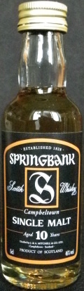 Springbank
established 1828
scotch whisky
Campbeltown
single malt
aged 10 years
distilled by J. & A. Mitchell & Co. Ltd.
Campbeltown, Scotland
46%