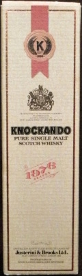 Knockando
Est 1898
pure single malt
scotch whisky
1976 season
distilled & bottled in Scotland by Justerini & Brooks Ltd.
proprietor of Knockando Distillery, Speyside
speyside scotch whisky
from the Gaelic Cnoc-An-Dhu