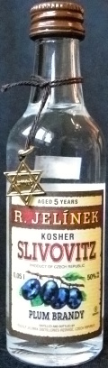 Slivovitz
aged 5 years
R. Jelínek
kosher
product of Czech Republic
plum brandy
distilled and bottled by
Rudolf Jelínek Distilleries Vizovice
švestkový ú slivkový destilát
50%