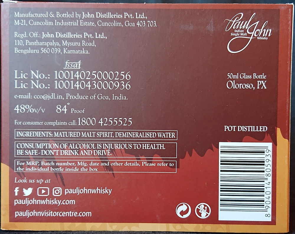 Paul John
Indian Single Malt Whisky
John Distilleries Pvt. Ltd.
India
Oloroso
PX
Pot distilled