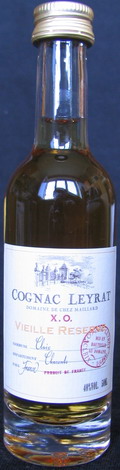 Cognac Leyrat
domaine de chez maillard
X.O.
vieille reserve
commune - Claix
departement - Charente
pays - France
40%