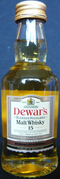 Dewar`s
blended highland
malt whisky
fifteen 15 years old
distilled blended & bottled in Scotland by
John Dewar & Sons Ltd
over 80 gold & prize medals
married in oak
40%