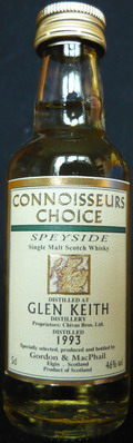 Glen Keith
connoisseurs choice
Speyside
single malt scotch whisky
distilled at Glen Keith
proprietors: Chivas Bros. Ltd.
distilled 1993
Gordon & MacPhail
43%