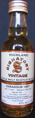 Edradour
highland
signatory vintage
single malt scotch whisky
Edradour 1997
aged: 11 years
matured in: sherry butt
cask no: 353
natural colour
43%