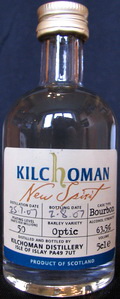 Kilchoman
new spirit
distilation date - 25.7.07
bottling date - 2.8.07
cask type - bourbon
peating level (parts per milion) - 50
barley variety - optic
alcohol strength - 63,5%
distilled and bottled by - Kilchoman Distillery, Isle of Islay
volume - 5cl