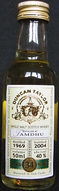 Tamdhu
Duncan Taylor
unique whiskies of distinction
fons of origo
DTC
single malt scotch whisky
distilled 1969
bottled 2004
aged 34 years
matured in oak casks
produced, matured and bottled in Scotland
Duncan Taylor & Co Ltd.
40%