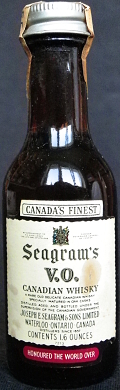 Seagram`s
Canada`s finest
V.O.
canadian whisky
of rare old delicate canadian whisky
specially matured in oak casks
distilled, aged and bottled under the
supervision of the canadian government
Joseph E. Seagram & Sons Limited
Waterloo, Ontario, Canada
distillers since 1857
honoured the world over