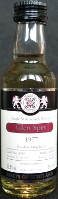 Glen Spey
malts of Scotland
single malt scotch whisky
1977
bourbon hogshead
cask No: 3656
bottles: 1/192
distilled: 21/11/1977
bottles: 10/2009
product of Scotland
55,8%