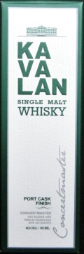 Kavalan
single malt whisky
port cask finish
Concertmaster
rich bodied with natural sweetness and complexity
The Mists of Kavalan, Taiwan
distilled, matured and bottled in Taiwan
by King Car I-Lan Distillery
King Car Food Industrial Co., Ltd.
40%