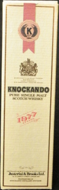 Knockando
Est 1898
pure single malt
scotch whisky
1977 season
distilled & bottled in Scotland by
Justerini & Brooks Ltd.
proprietor of Knockando Distillery, Speyside
speyside scotch whisky
from the Gaelic Cnoc-An-Dhu