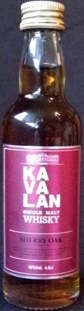 Kavalan
single malt whisky
Sherry Oak
product of Taiwan
produced and bottled by Kavalan Distillery
Estd 1979
46%