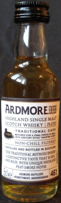 Ardmore
founded 1898 Highlands
Highland single malt
Scotch whisky
peated
traditional cask
matured for a final period in small 19th century style `quarter casks`
non-chill filtered
distilled and bottled in Scotland
Ardmore Distillery, Kennethmont, Aberdeenshire
46%