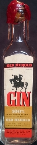 Gin
Old Herold
anstandling for coctail preparation
100% grain neutral spirit
distilled and bottled by Old Herold Distilleries, Trenčín, Czechoslovakia
product of Czechoslovakia
Sole agents for - USA , Imported Brands Inc., New York, N. Y. 
90 proof