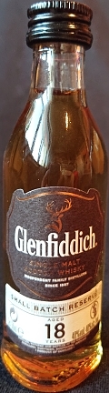 Glenfiddich
single malt
Scotch whisky
since 1887
small batch reserve
aged 18 years
distilled, matured & bottled in The Glenfiddich Distillery, Dufftown, Banffshire, Scotland
40%