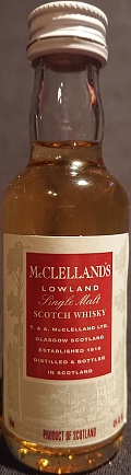 McClelland's
Lowland
Single malt
Scotch whisky
T. & A. McClelland Ltd. Glasgow Scotland
established 1818
distilled & bottled in Scotland
40%