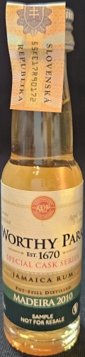 Worthy Park
Est. 1670
Special Cask Series
Worthy Park Estate
WP
Quality Distillers
Estate Distilled
Aged, Blended & Bottled
Jamaica rum
Pot-still Distilled
Madeira 2010
Sample not for resale
45%