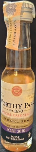 Worthy Park
Est. 1670
Special Cask Series
Worthy Park Estate
WP
Quality Distillers
Estate Distilled
Aged, Blended & Bottled
Jamaica rum
Pot-still Distilled
Port 2010
Sample not for resale
45%
