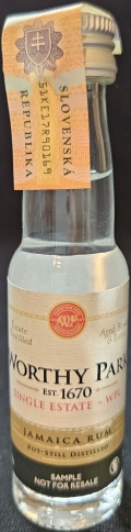 Worthy Park
Est. 1670
Single Estate - WPL
Worthy Park Estate
WP
Quality Distillers
Estate Distilled
Aged, Blended & Bottled
Jamaica rum
Pot-still Distilled
Sample not for resale
70%