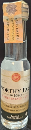 Worthy Park
Est. 1670
Single Estate - WPE
Worthy Park Estate
WP
Quality Distillers
Estate Distilled
Aged, Blended & Bottled
Jamaica rum
Pot-still Distilled
Sample not for resale
70%