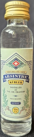 Absinthe
Kübler
Véritable fée verte
Distillée au Val-De-Travers
Neuchâtel
Suisse
Blackmint
53%