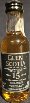 Glen Scotia
Estc. 1832
Campbeltown single malt
Scotch whisky
Aged 15 Years
Classic Campbeltown Malt
Ritch & Smooth
Gently matured in the finest american oak barrels
Distilled, matured and bottled in Scotland
Loch Lomond Group (Europe), Ireland
46%