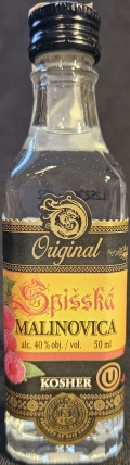 Spišská malinovica
Original
Kosher
Spišská Pálenica
Product of Spis County
Malinový destilát
GAS Familia, Stará Ľubovňa, Slovensko
40%