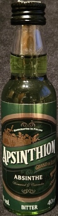 Apsinthion
Grand de Luxe
Absinthe
Handcrafted in Poland
Wormwood & Coriander
Bitter
Absynt produkowany na bazie naturalnych maceratów z ziół i przypraw
Absinthe produced from natural herbs and spices extracts
Mundivie S.A., Jasienica, Poland/Polska
68%
