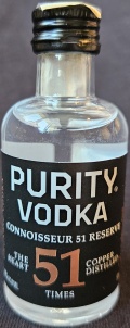Purity vodka
Connoisseur 51 reserve
The heart copper distilled
51
times
Distilled in Sweden
Organic vodka
Purity Distillery
Imported by Purity USA Manhasset, NY.
Bottled by Toorank, Zevenaar, NL.
Certified organic by Kiwa Sverige AB.
Product of Sweden
distilled from grain
40%