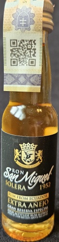 Ron San Miguel
Solera 1952
da robvr fer avxilivm
Rum from Ecuador
Extra añejo
Gran reserva especial
High altitude rumslowly
Aged at 2.538 meters above sea level
Product of Ecuador
4
bottled by: 1423 ApS, Denmark
43%