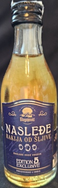 Rakija od Šljive
Naslede
Destilerija Blagojević
Naslede kroz vekove
Edition 5 Exclusive
Proizvedeno u Srbiji
Proizvedena od voča iz sopstvenih zasada od najmanje tri sorte šljive
Odležala u buradima od srpskog hrasta
43%