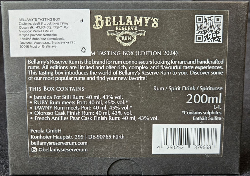 Bellamy`s
Reserve
Rum
Tasting box (Edition 2024)
Rum / Spirit Drink / Spirituose
Jamaica Pot Still Rum
Ruby Rum meets Port
Tawny Rum meets Port
Oloroso Cask Finish Rum
French Antilles Pear Cask Finish Rum
Perola GmbH