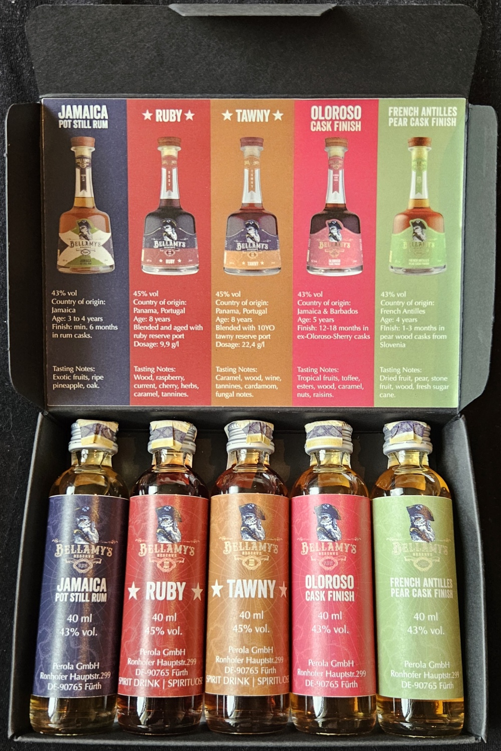 Bellamy`s
Reserve
Rum
Jamaica Pot Still Rum
Ruby
Tawny
Oloroso Cask Finish
French Antilles Pear Cask Finish
Perola GmbH