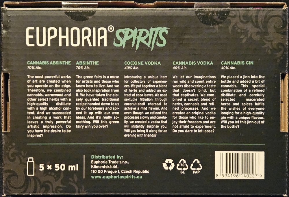Euphoria spirits
made with madness
Canabis absinthe - Absinthe - Cocxine vodka - Cannabis vodka - Cannabis gin