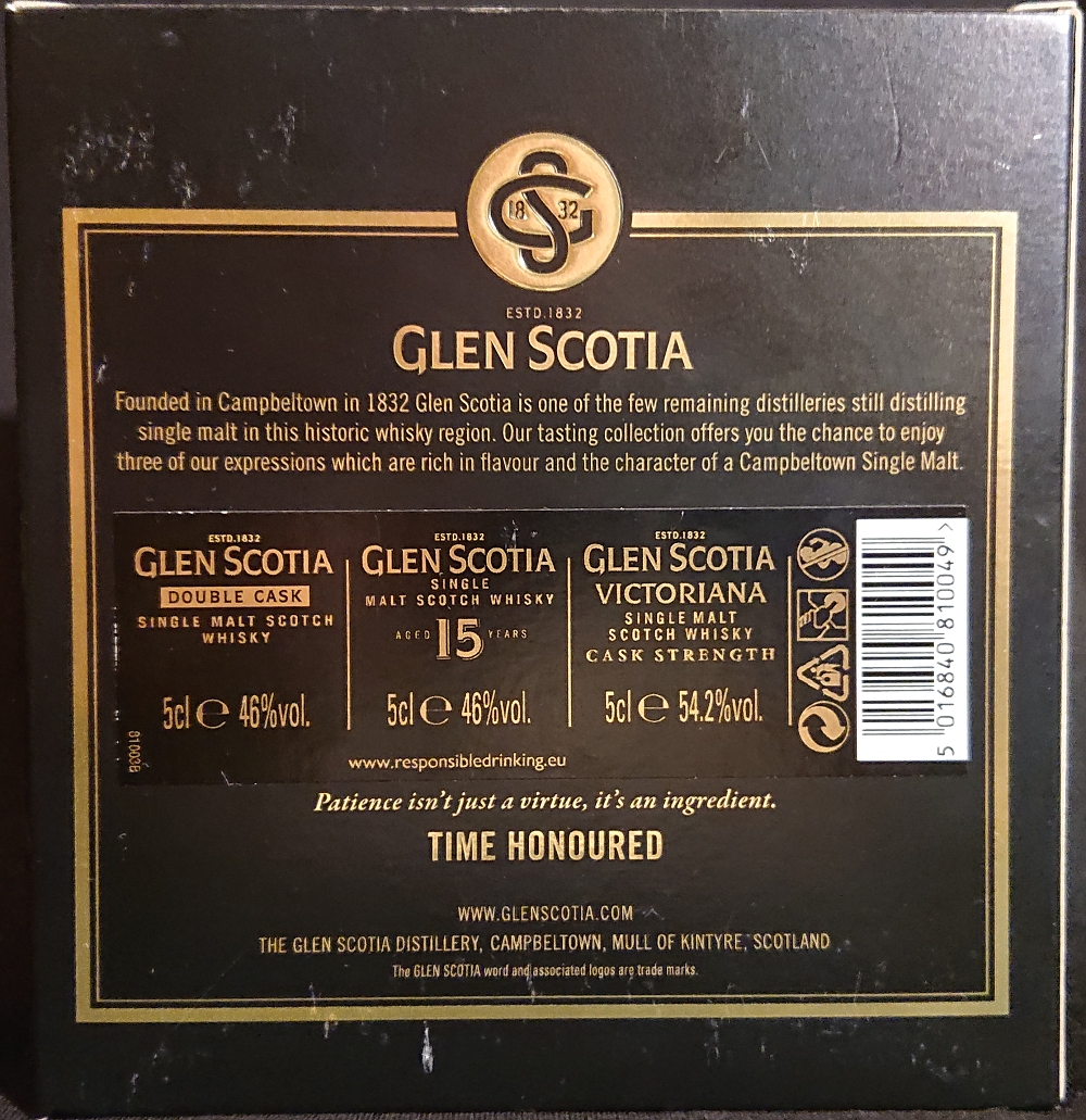 Glen Scotia
Estc. 1832
Campbeltown single malt
The tasting collection from Campbeltown
Double Cask - Single Malt Scotch Whisky - 46%
Single Malt Scotch Whisky - Aged 15 Years - 46%
Victoriana - Single Malt Scotch Whisky - Cask Strength - 54,2%
Patience isn`t just a virtue, it`s an ingredient
Time honoured
The Glen Scotia Distillery, Campbeltown, Mull of Kintyre, Scotland