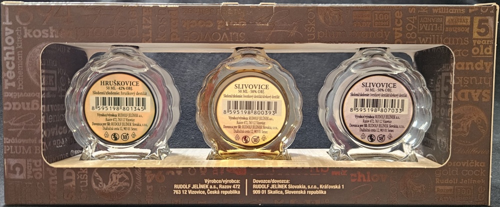 R. Jel�nek
Original Czech Distilleries
Silver Slivovitz
Gold Slivovitz
Pear Williams
1894
Slivovice
Hru�kovice