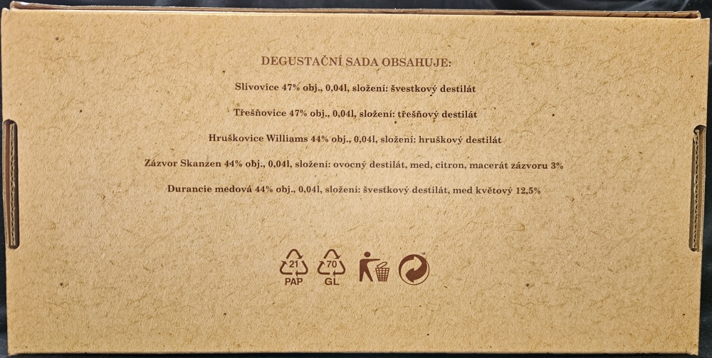 Skanzen Modrá
Degustační sada
Slivovice - Třešňovice - Hruškovice Williams - Zázvor Skanzen - Durancie medová
Velehrad, Česká Republika