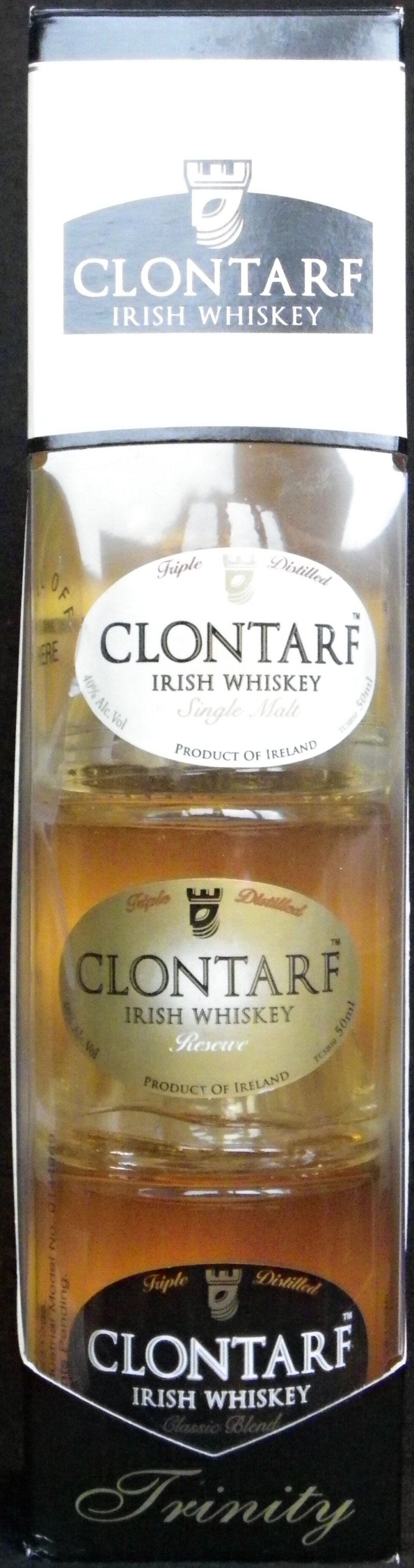 Clontarf
irish whiskey
Trinity
agen in bourbon barrels for unsurpassed quality
mellowed through atlantic irish oak charcoal