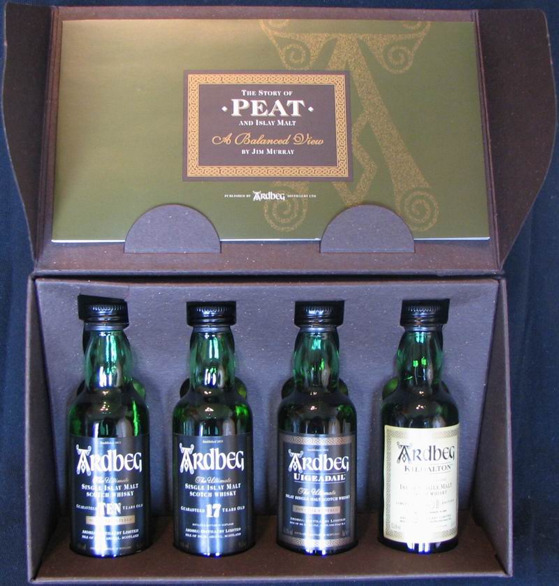 The Story of Peat and Islay Malt
A Balanced View
by Jim Murray
produced by Ardbeg distillery Ltd
an authoritative pocket guide to peat accompanied by
4 x 5cl miniatures of Ardbeg Islay single malt scotch whisky
limited first edition
Taste the Difference
1 x 5cl / 46%vol. miniature of Ardbeg ten years old
1 x 5cl / 40%vol. miniature of Ardbeg 17 years old
1 x 5cl / 54,2%vol. miniature of Ardbeg Uigeadail
1 x 5cl / 52,6%vol. miniature of Ardbeg Kildalton